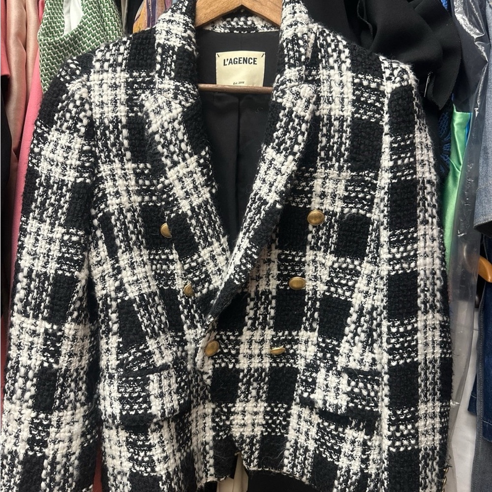 L'AGENCE Black and White Tweed Plaid Women's Kenzie Jacket